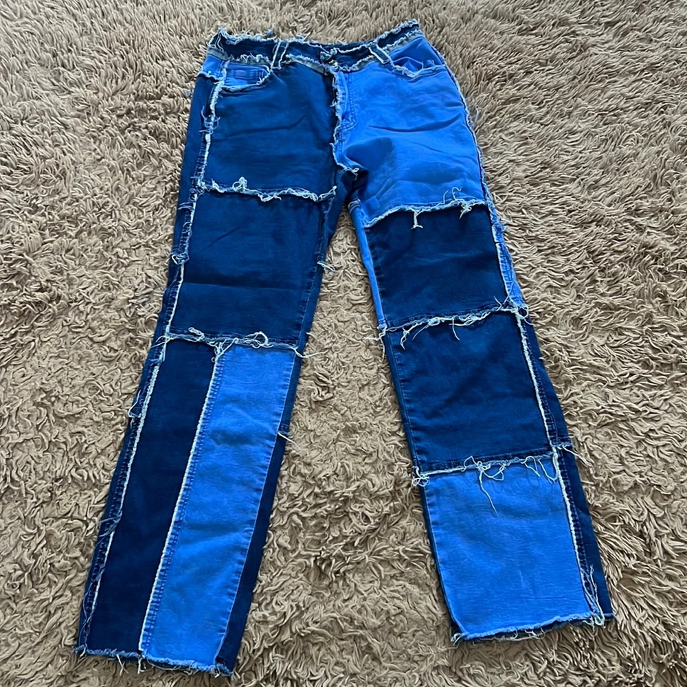 Women Frayed Patch Jeans High Waist Raw Hem Denim Y2k Pants Boyfriend used